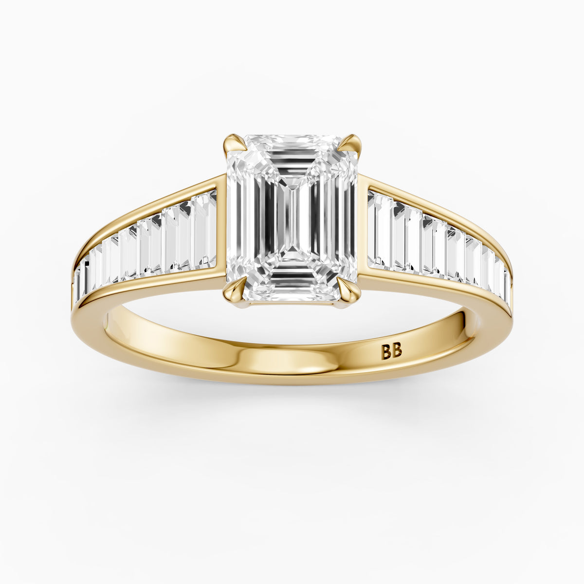 Angelina Emerald Cut Moissanite Diamond Engagement Ring with Baguette Side Stones