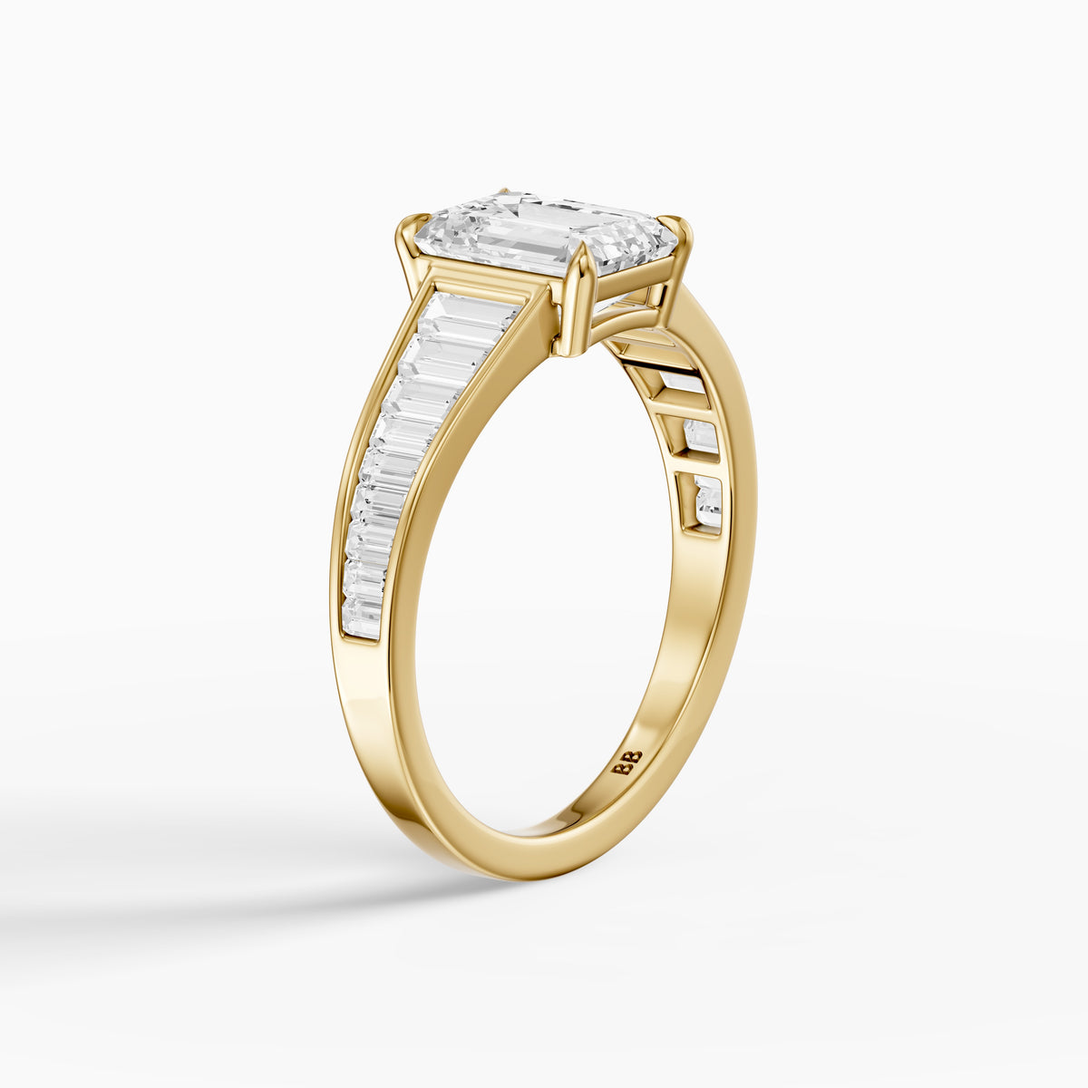 Angelina Emerald Cut Moissanite Diamond Engagement Ring with Baguette Side Stones