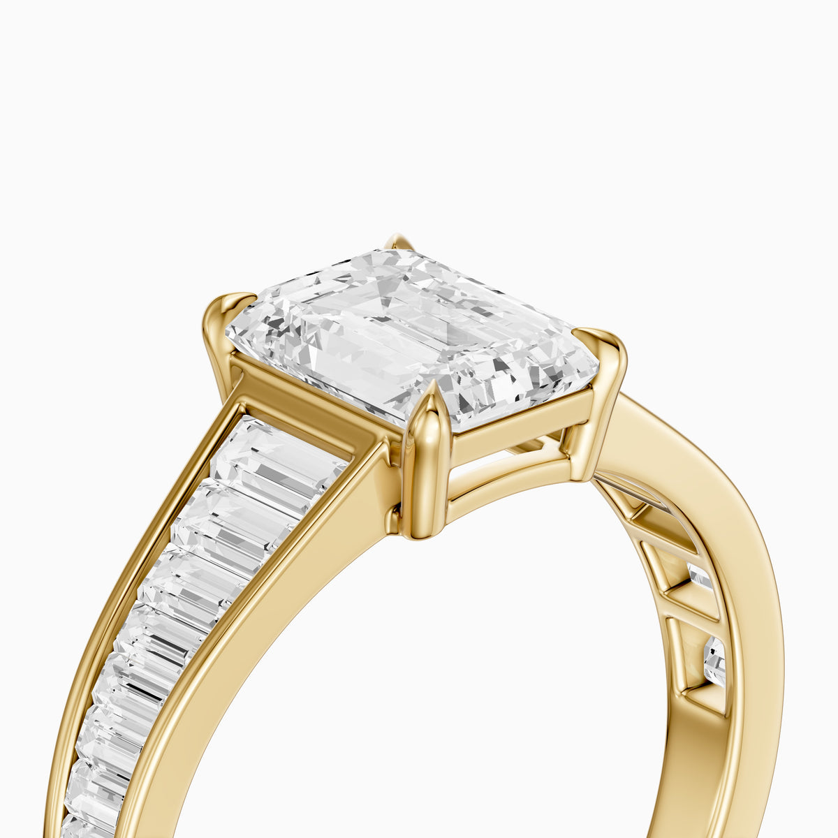 Angelina Emerald Cut Moissanite Diamond Engagement Ring with Baguette Side Stones