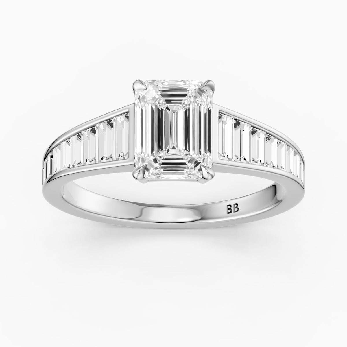Angelina Emerald Cut Moissanite Diamond Engagement Ring with Baguette Side Stones