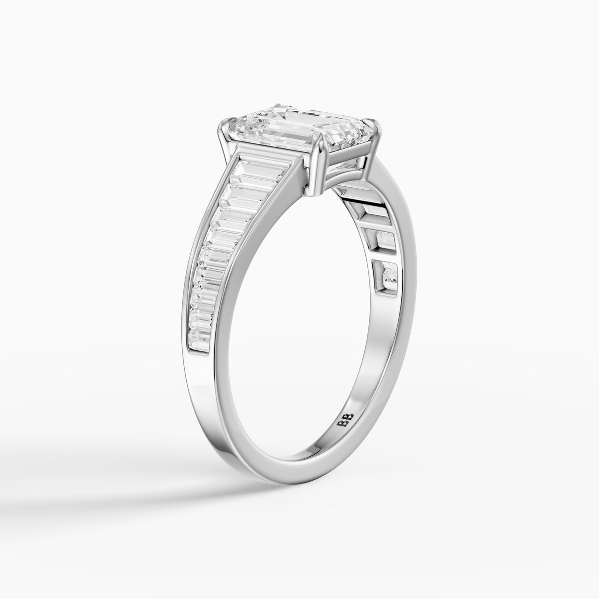 Angelina Emerald Cut Moissanite Diamond Engagement Ring with Baguette Side Stones