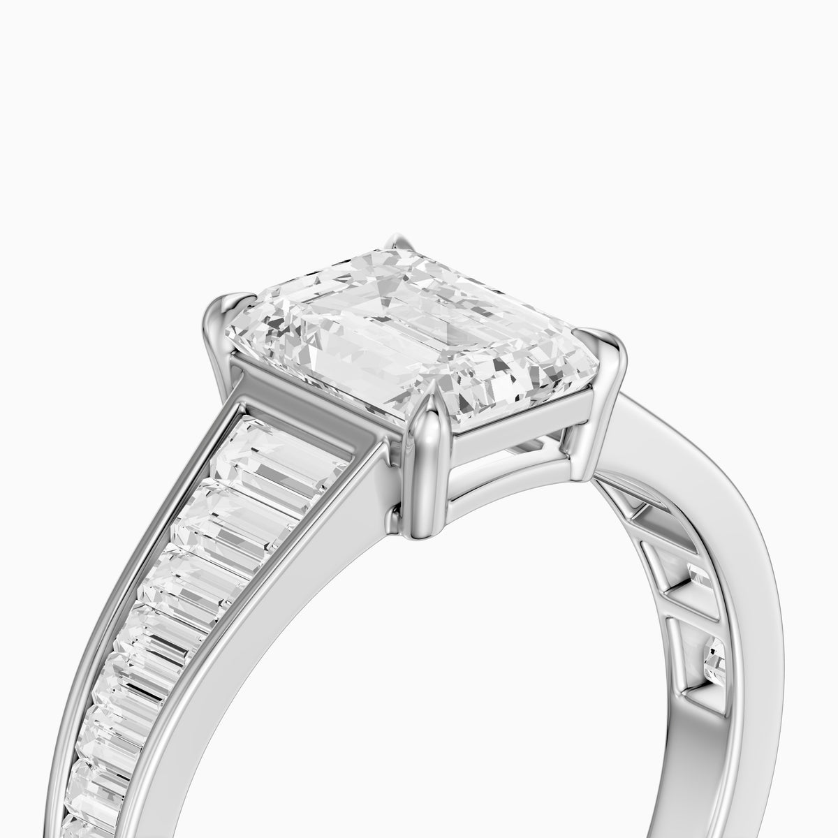 Angelina Emerald Cut Moissanite Diamond Engagement Ring with Baguette Side Stones