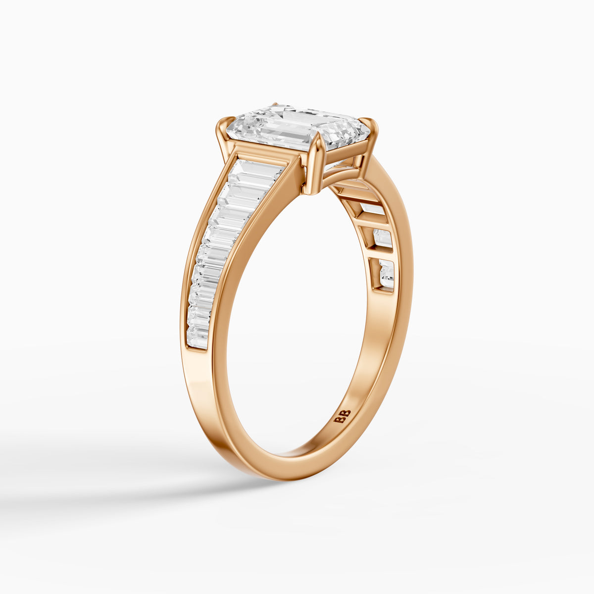 Angelina Emerald Cut Moissanite Diamond Engagement Ring with Baguette Side Stones