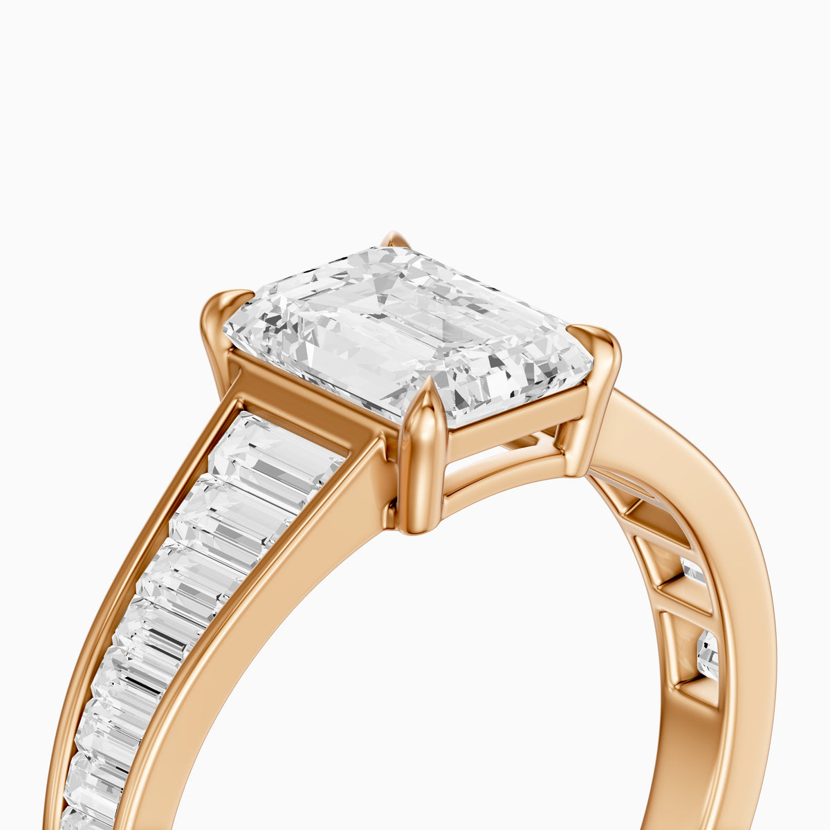 Angelina Emerald Cut Moissanite Diamond Engagement Ring with Baguette Side Stones