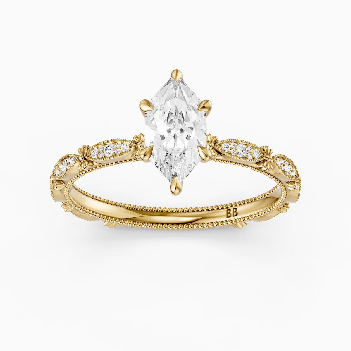Nerissa Dutch Marquise Cut Lab Grown Diamond Vintage Ring With Floral Diamond Details