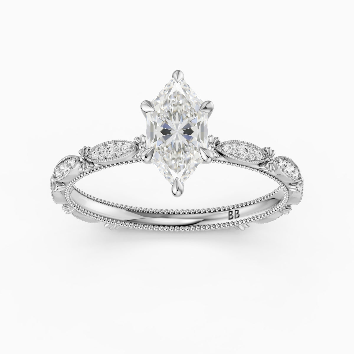 Nerissa Dutch Marquise Cut Lab Grown Diamond Vintage Ring With Floral Diamond Details