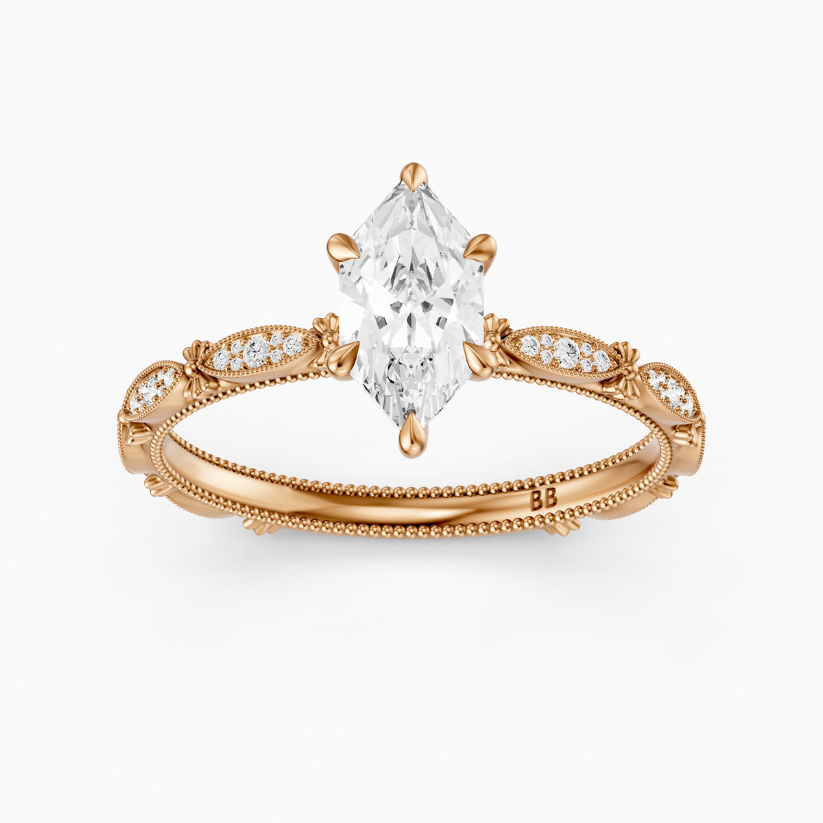 Nerissa Dutch Marquise Cut Lab Grown Diamond Vintage Ring With Floral Diamond Details