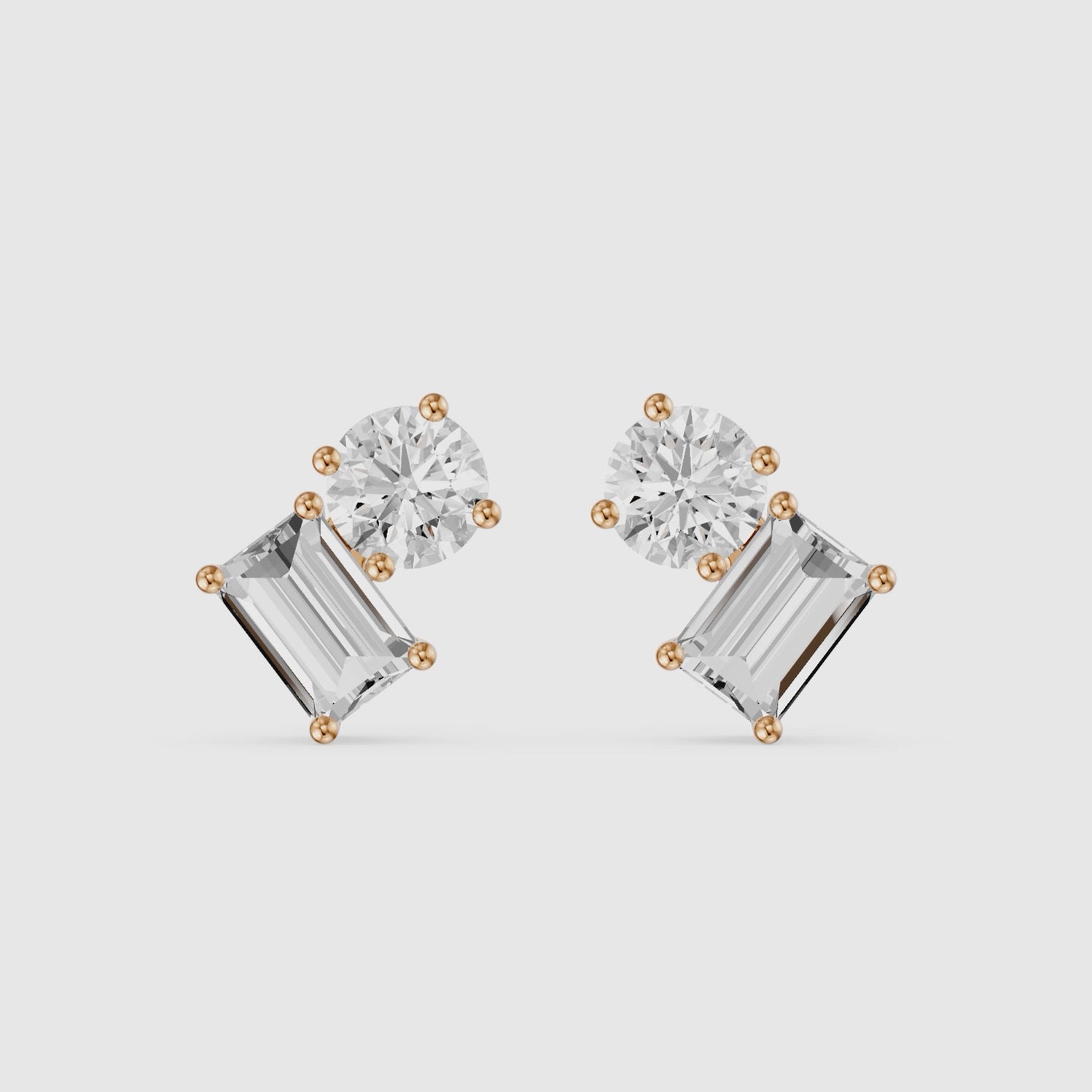 Load video: Alodia Round and Emerald Cut Lab Grown Diamond Two Stone Stud Earrings
