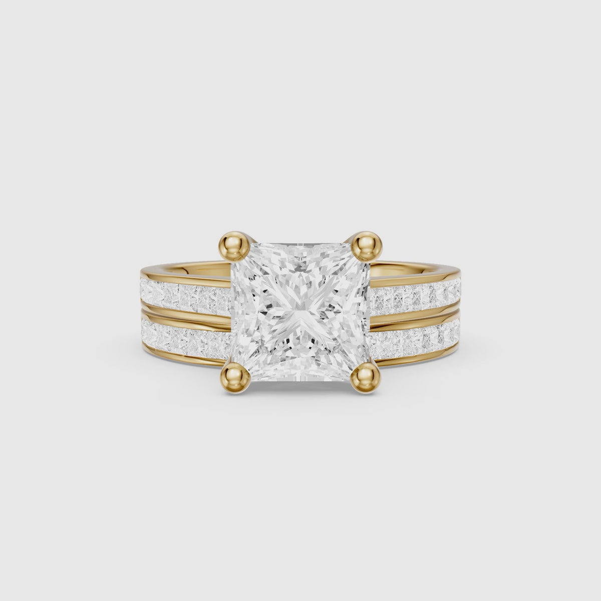 Load video: Ariane Princess Cut Lab Grown Diamond Cathedral Channel Bridal Set