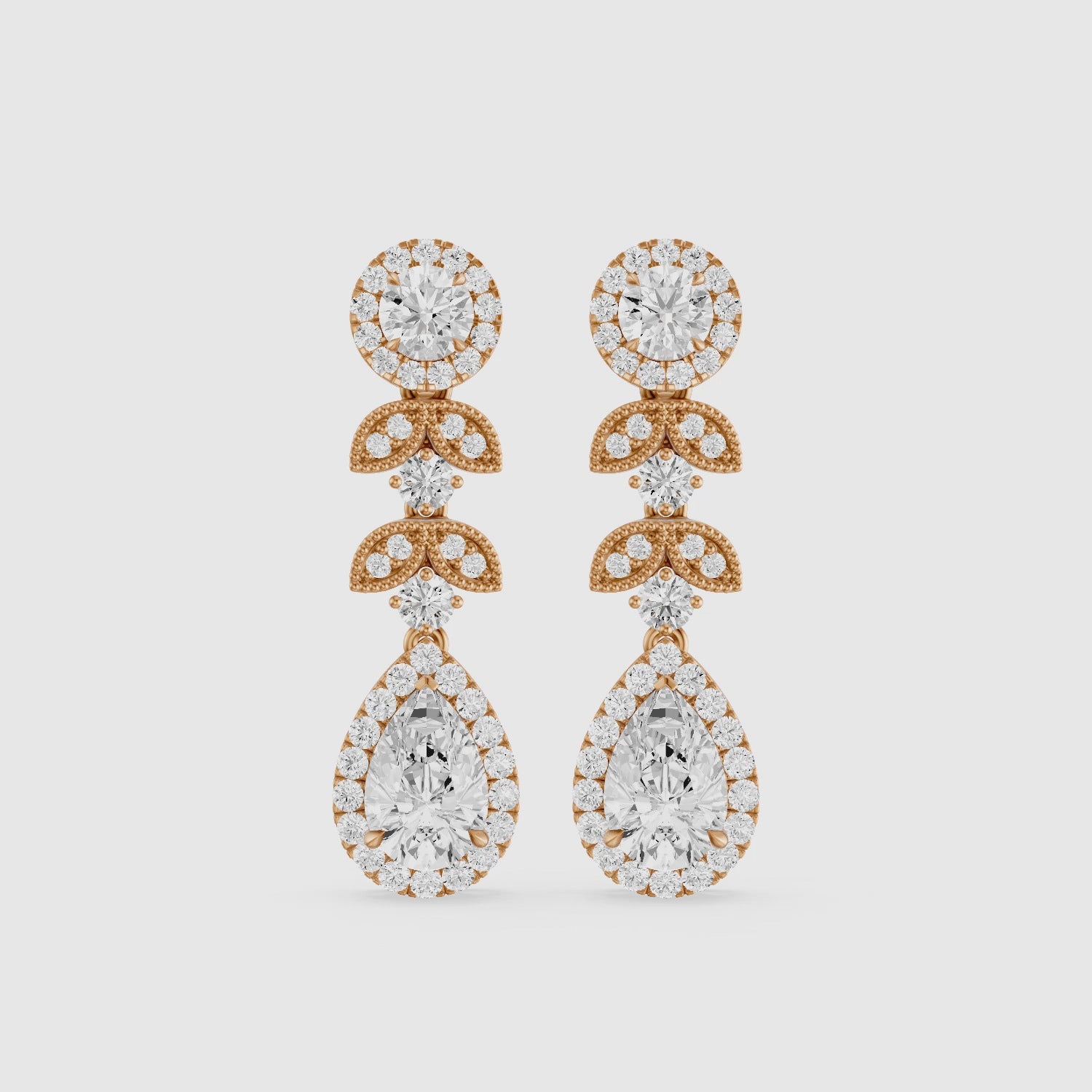 Load video: Galilea Pear and Round Vintage Filigree Lab Grown Diamond Drop Earrings