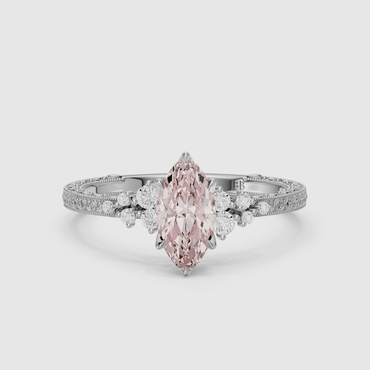 Load video: Nori Marquise Pink Lab Grown Diamond Ring with Vintage Milgrain Band