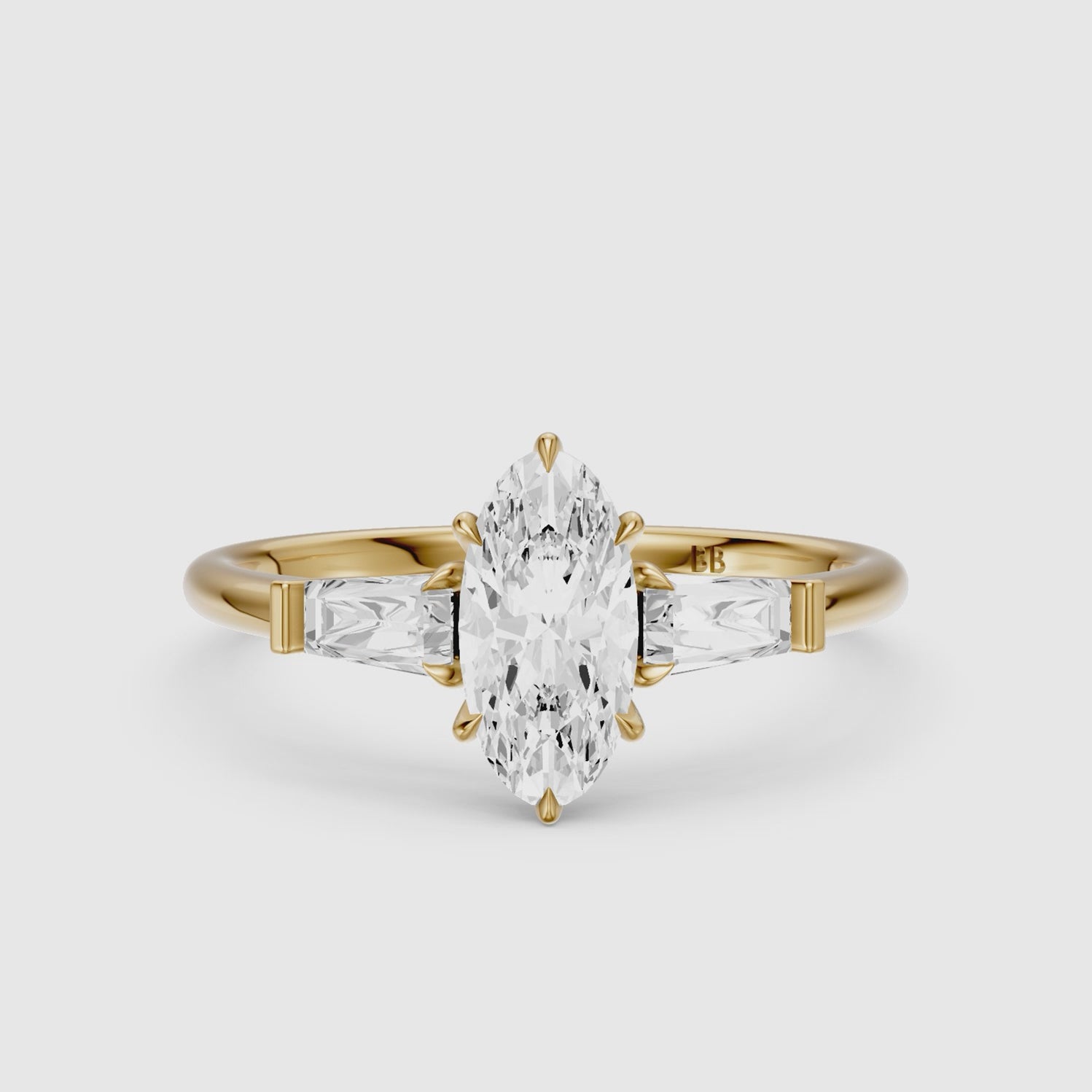 Load video: Letizia Three Stone Moval Moissanite Diamond Ring with Tapered Baguettes
