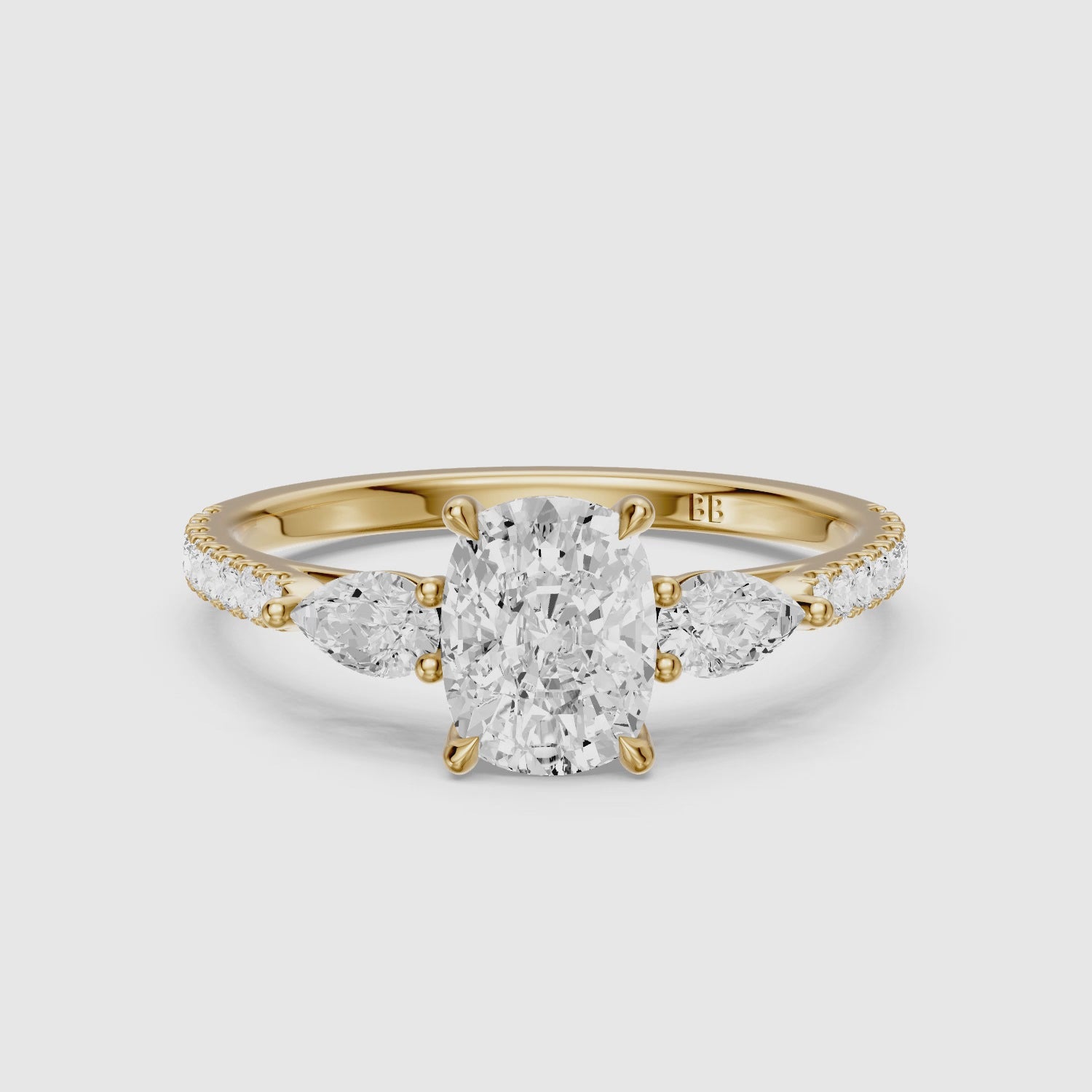 Load video: Miriah Three Stone Elongated Cushion Pave Lab Grown Diamond Ring with Pear Side Stones