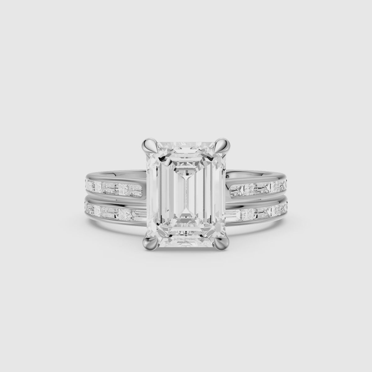 Load video: Maribel Emerald Cut Lab Grown Diamond Channel Set Baguette Bridal Set