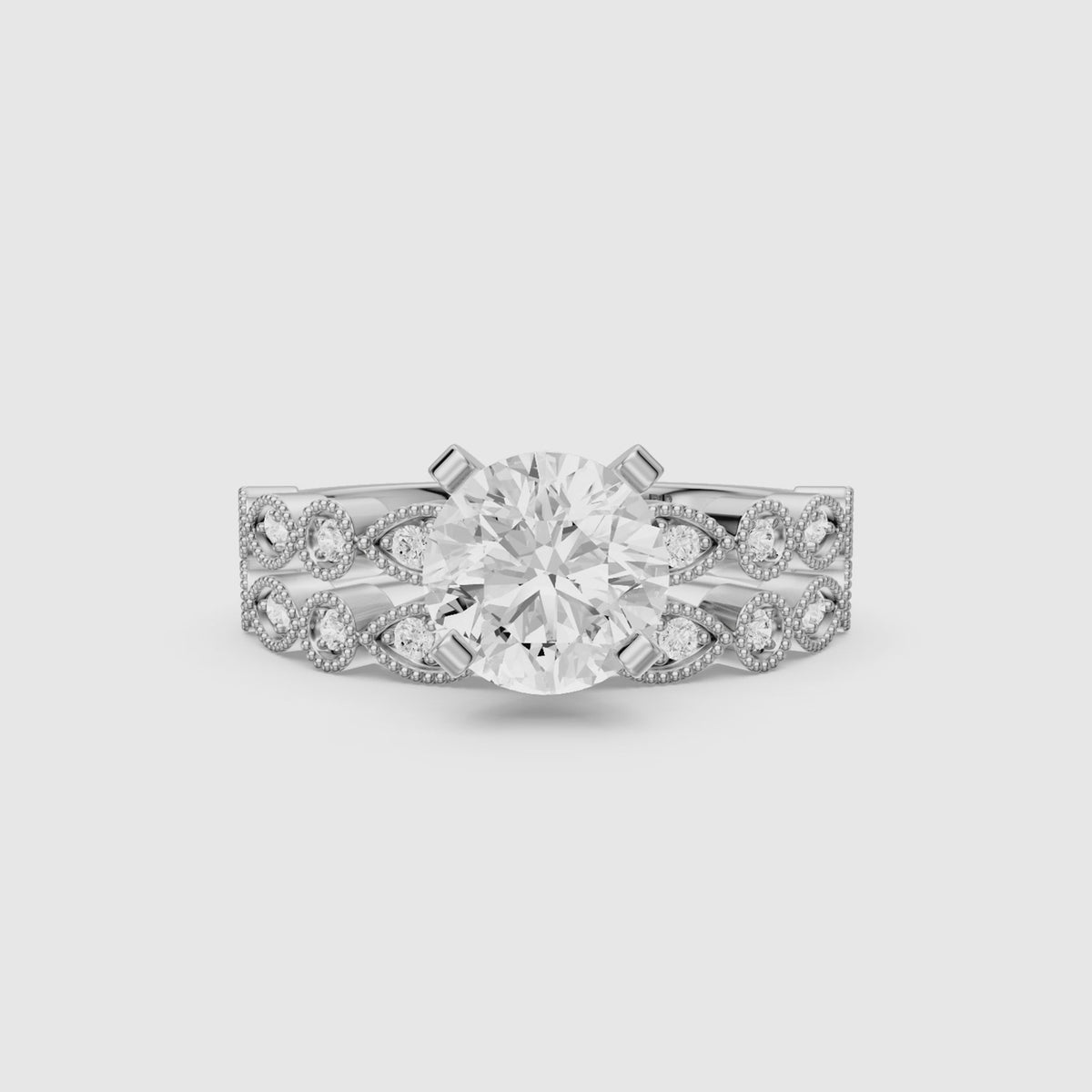 Load video: Elisa Round Lab Grown Diamond Vintage Milgrain Bridal Set