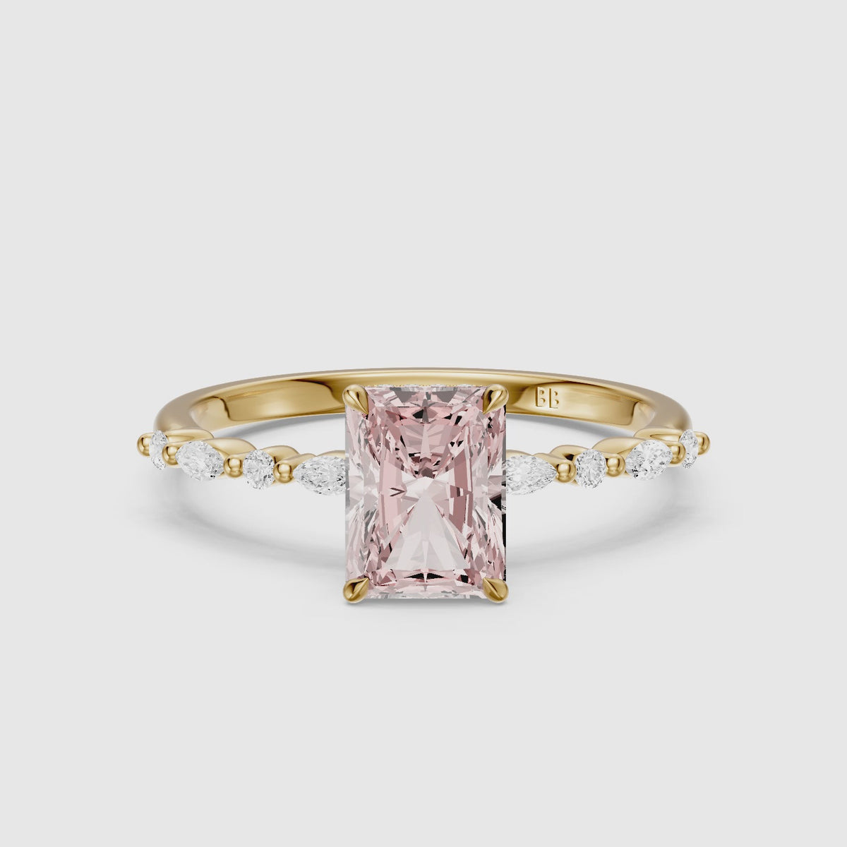 Load video: Nimue Radiant Cut Hidden Halo Side Stone Pink Lab Grown Diamond Ring