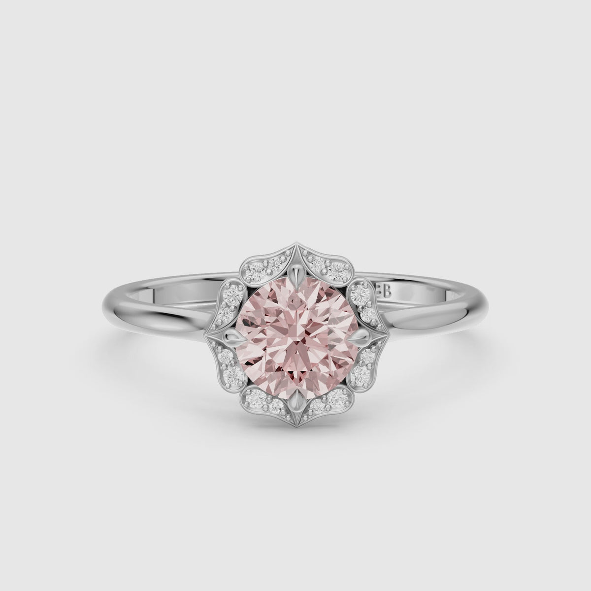 Load video: Camille Vintage Inspired Round Cut Halo Pink Lab Grown Diamond Ring