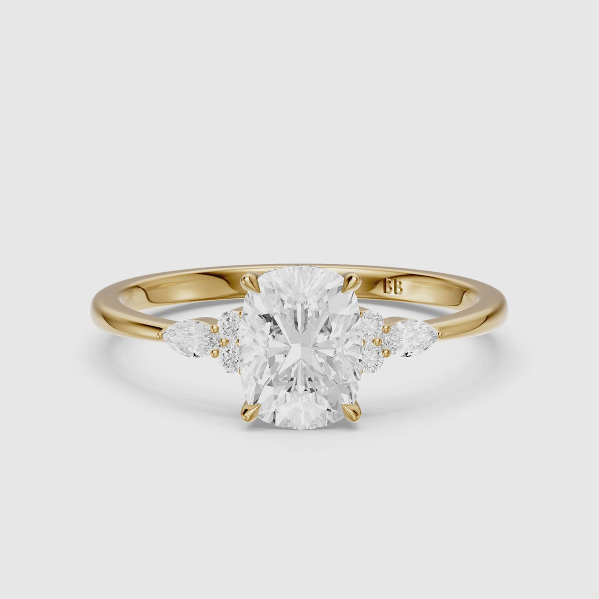 Load video: Fable Elongated Cushion Lab Grown Diamond Ring with Round &amp; Marquise Side Stones