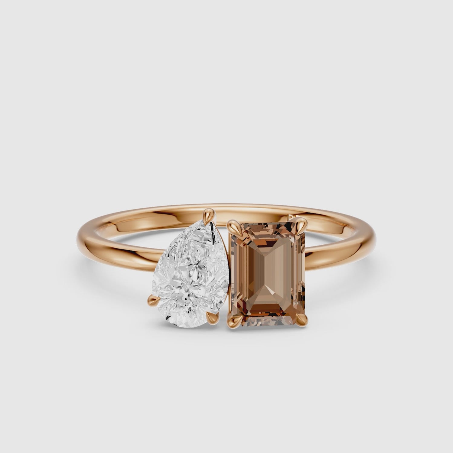 Load video: Bojana Champagne Emerald Cut and Pear Shape Color Lab Grown Diamond Toi et Moi Ring