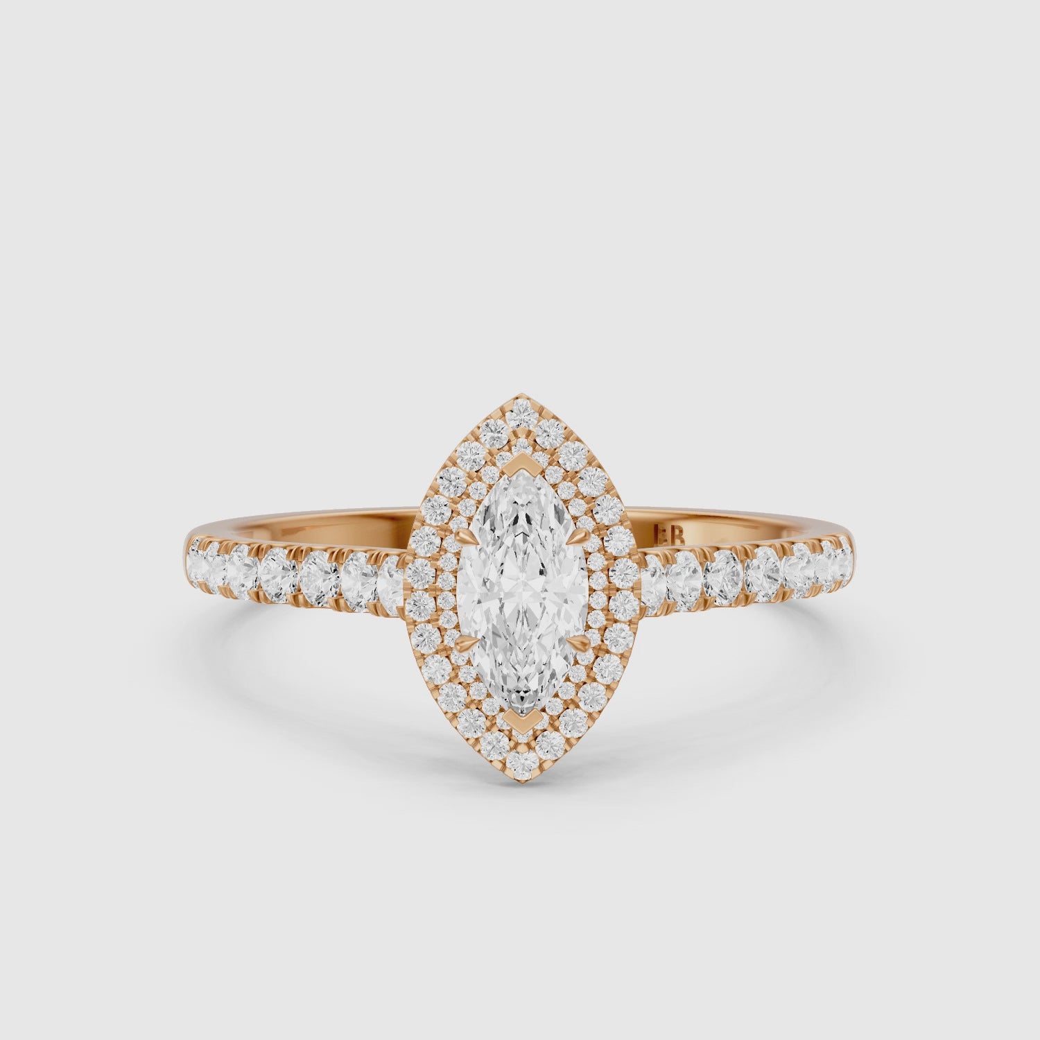 Load video: Alana Marquise Cut Lab Diamond Double Halo Ring with Pave Band