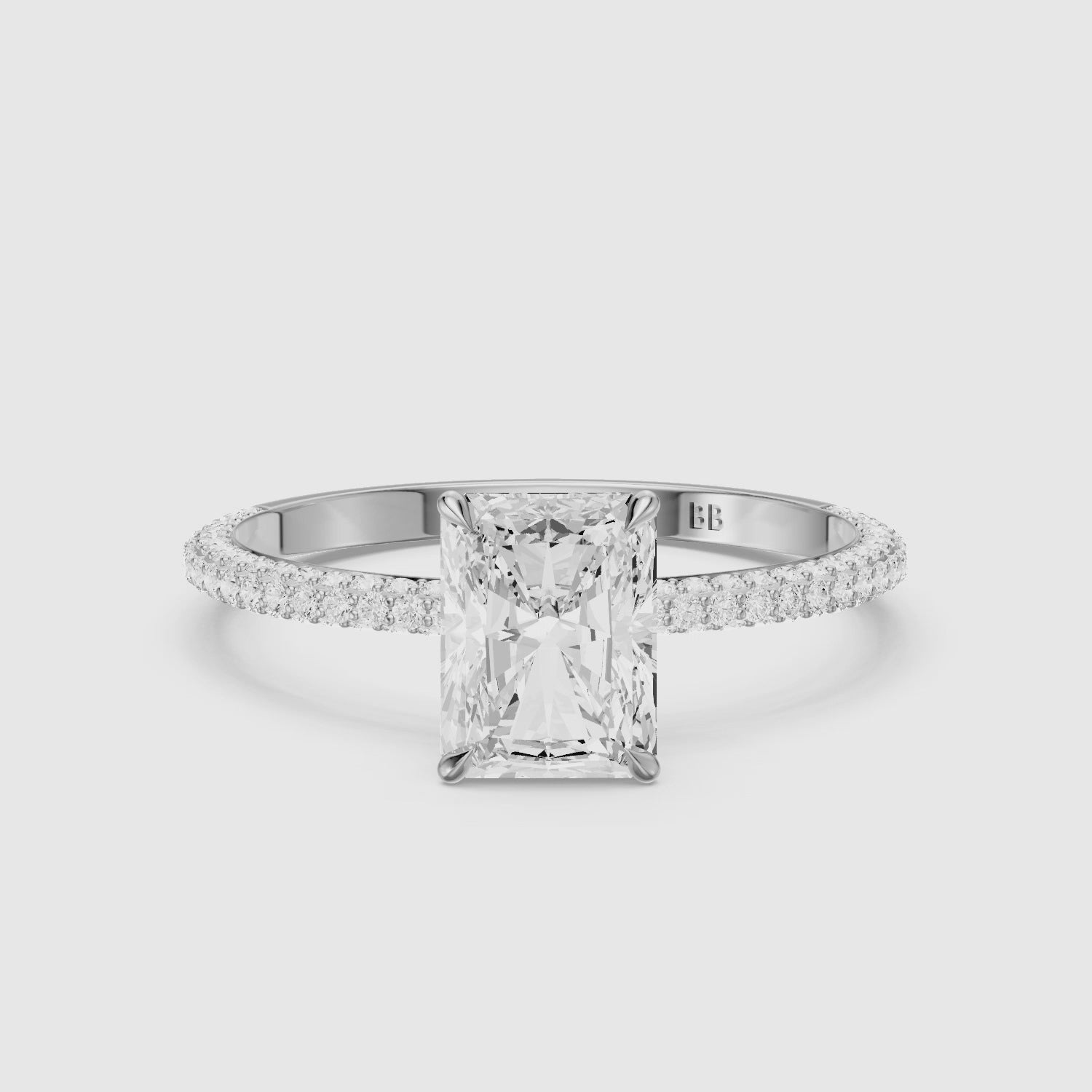 Load video: Selah Radiant Cut Hidden Halo Lab Grown Diamond Ring with Pave Band