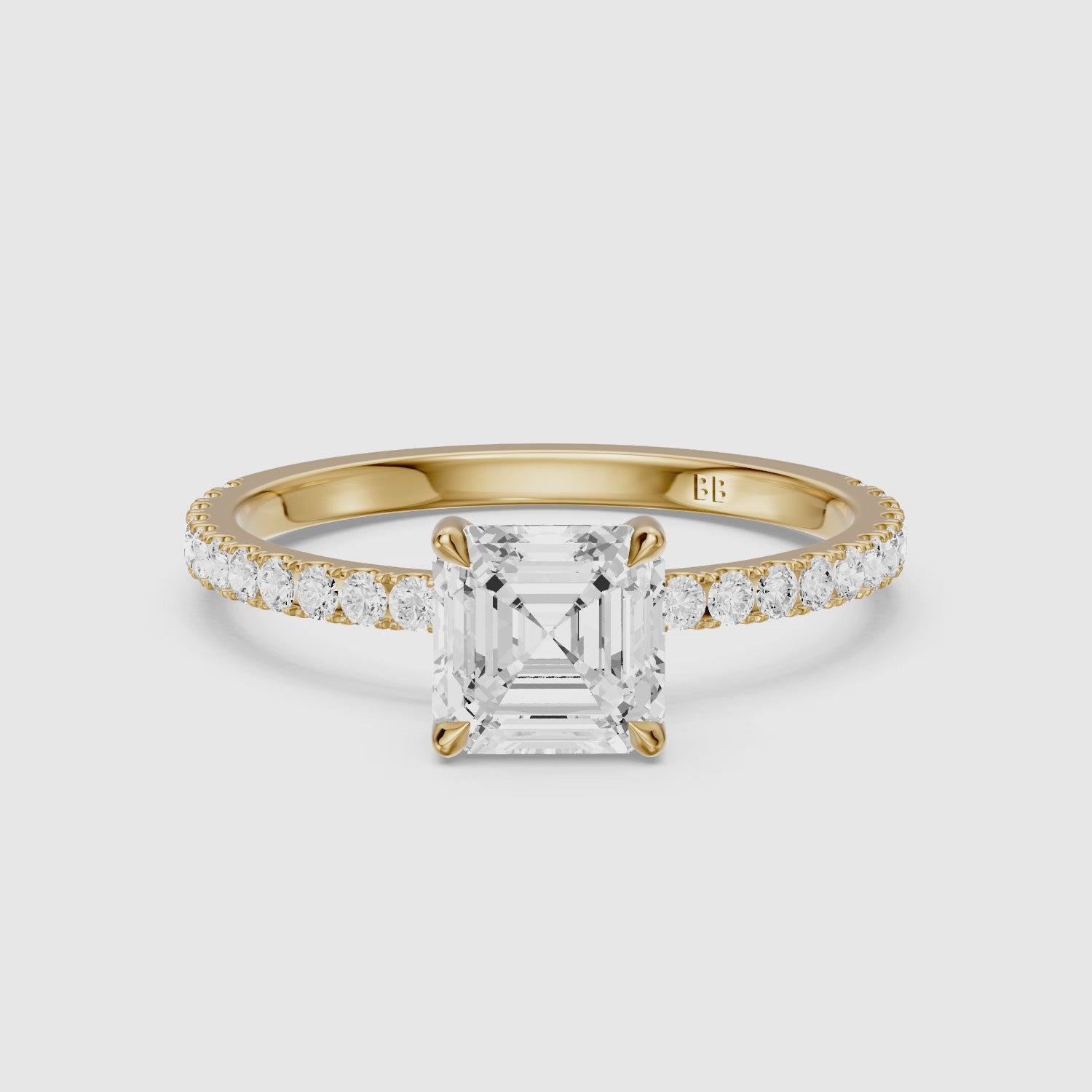 Load video: Hannah Asscher Cut Hidden Halo Pave Side Stone Lab Grown Diamond Ring
