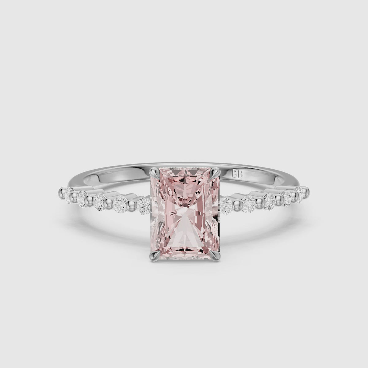 Load video: Oona Radiant Cut Hidden Halo Side Stone Pink Lab Grown Diamond Ring
