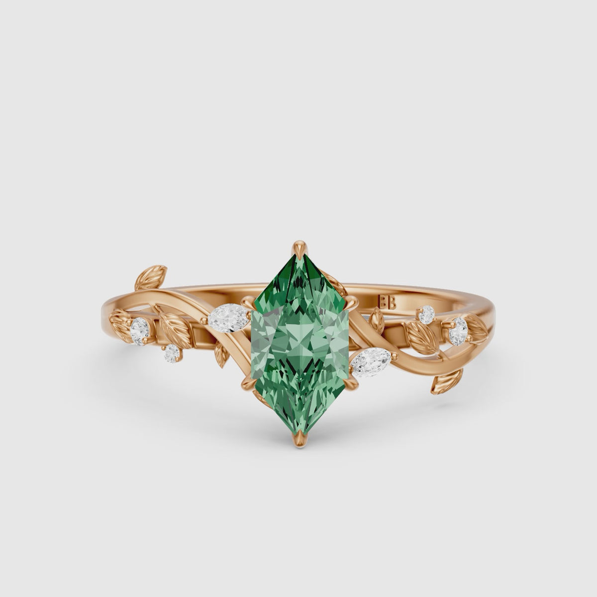 Load video: Finley Dutch Marquise Green Lab Grown Diamond Ring with Leaf Vine Band