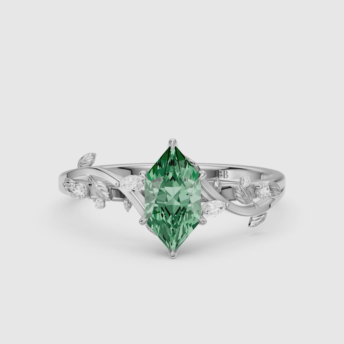 Load video: Finley Dutch Marquise Green Lab Grown Diamond Ring with Leaf Vine Band