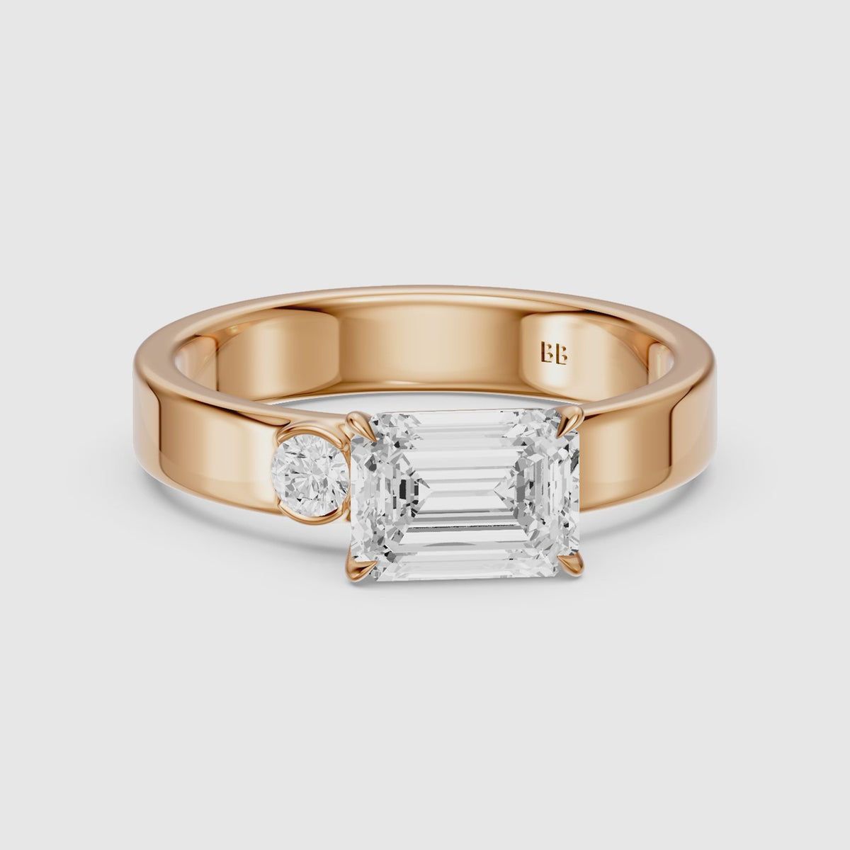 Load video: Rumi Emerald Cut Round Side Stone Moissanite Diamond Engagement Ring