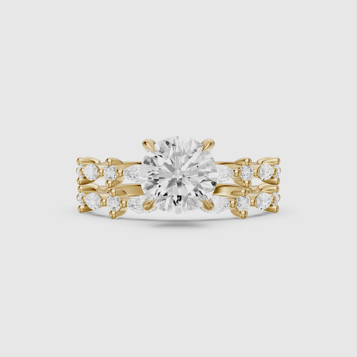 Load video: Elen Round Lab Grown Diamond Bridal Set with Round and Marquise Diamond Band
