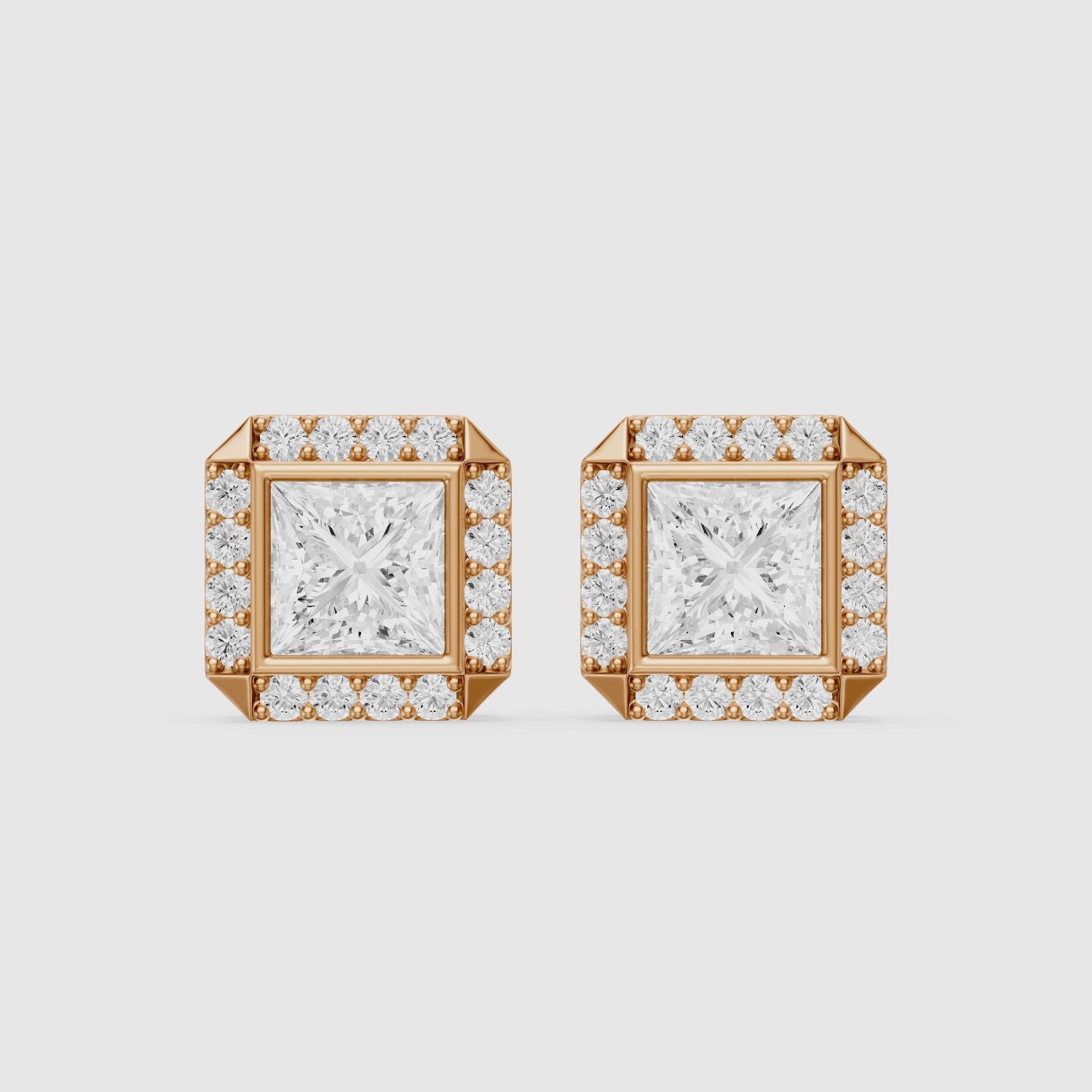 Load video: Oksana Princess Cut Lab Grown Diamond Square Halo Stud Earrings