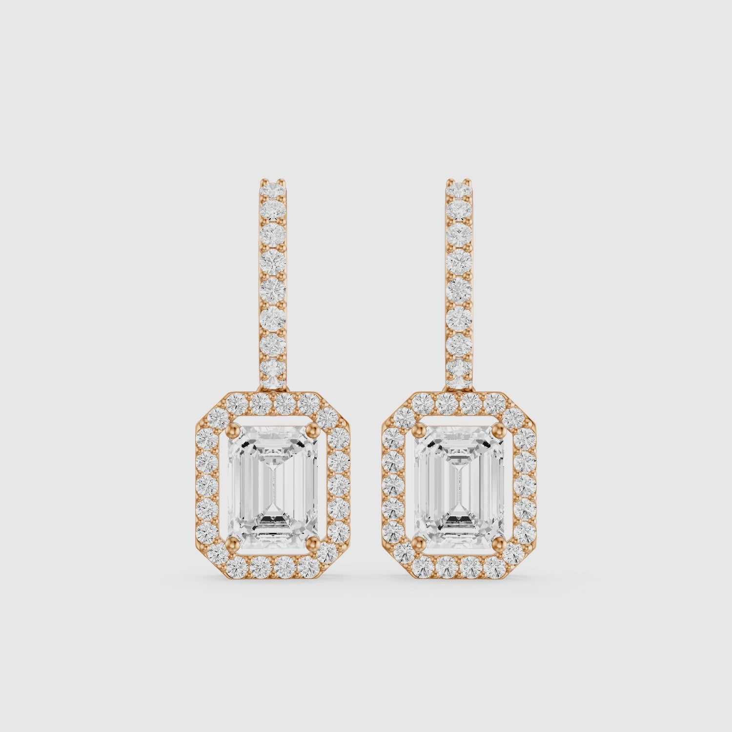 Load video: Georgina Emerald Cut Lab Grown Diamond Halo Drop Earrings