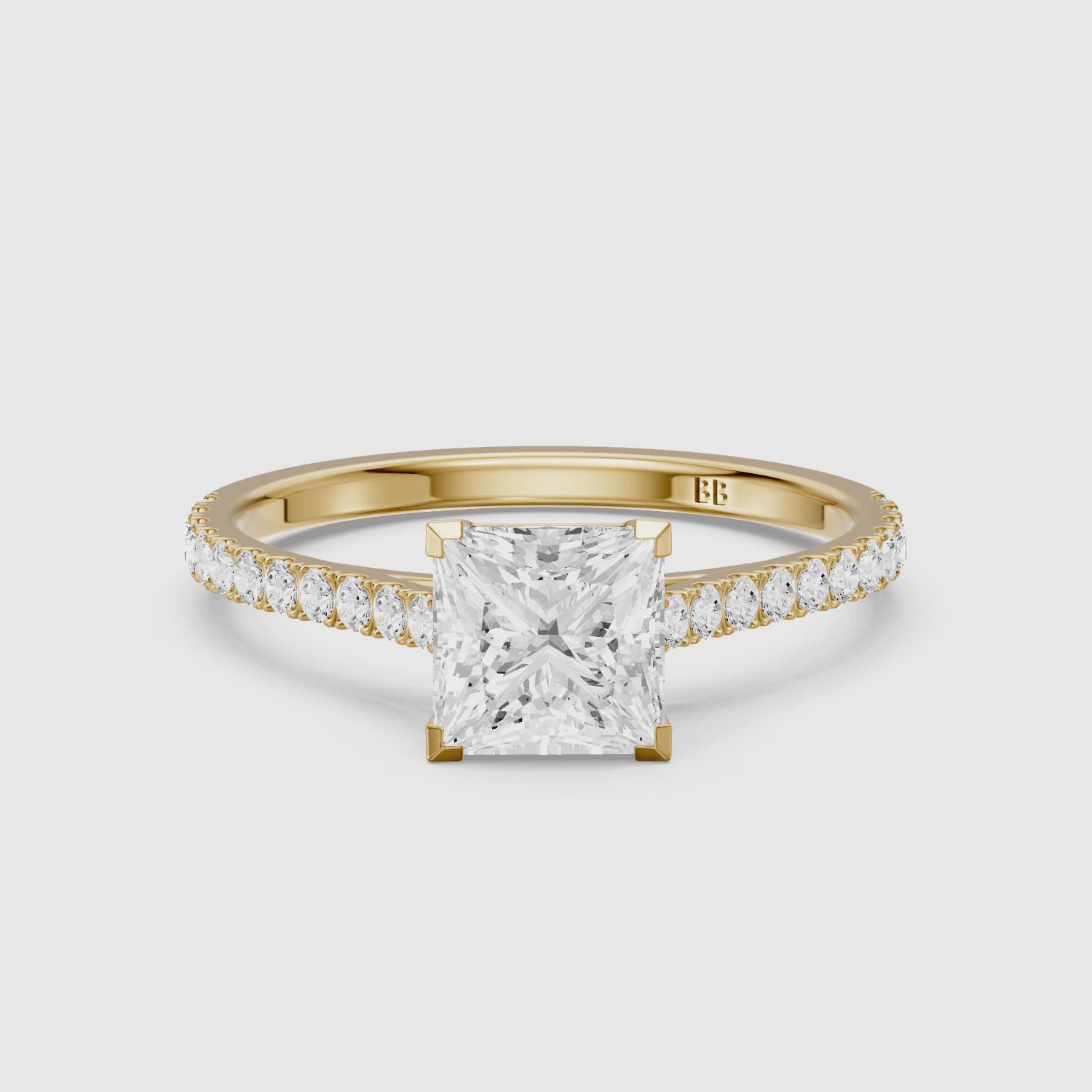 Load video: Jennie 4 Prong Princess Cut Pave Side Stone Lab Grown Diamond Ring