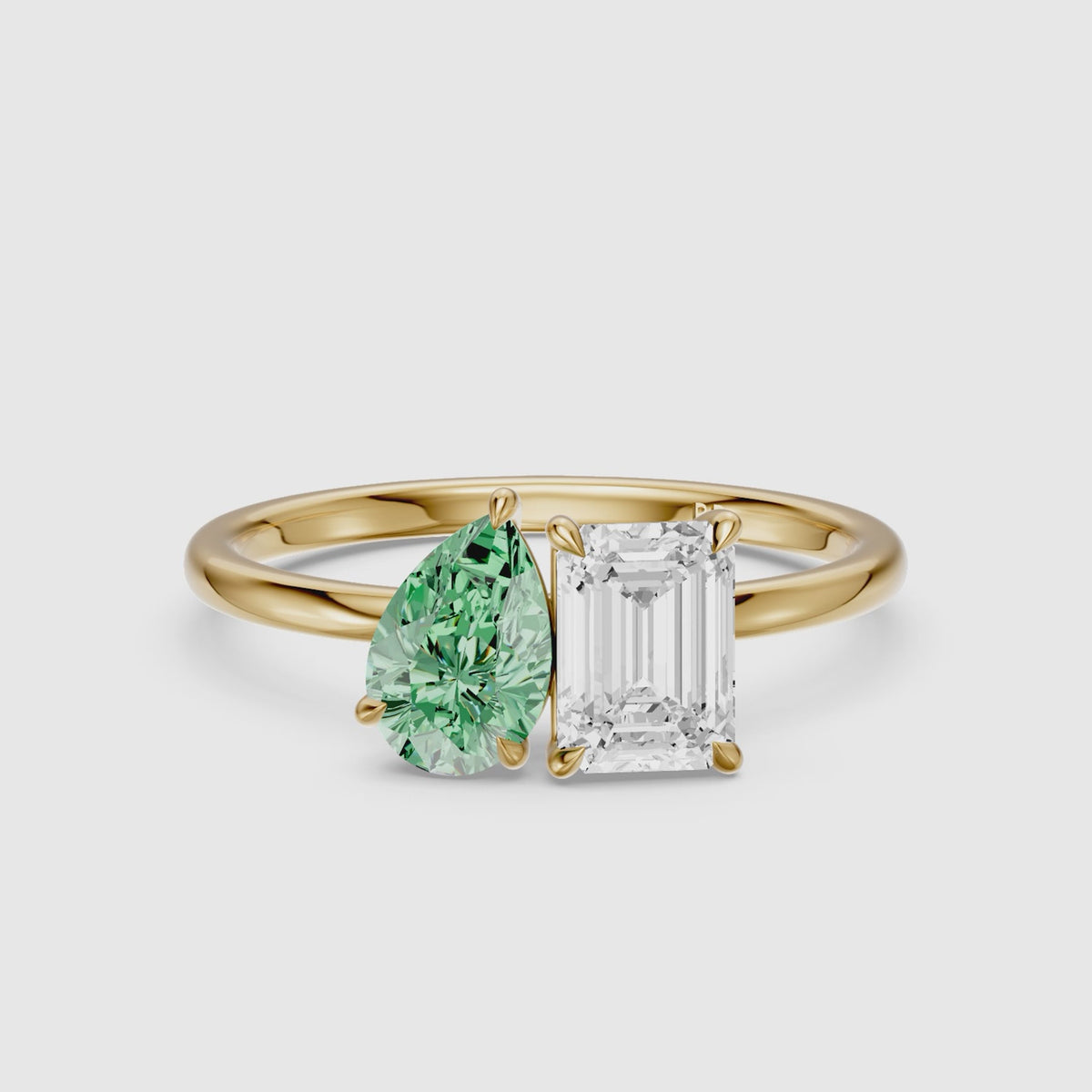 Load video: Nevena Green Pear and Emerald Cut Color Lab Grown Diamond Toi et Moi Ring