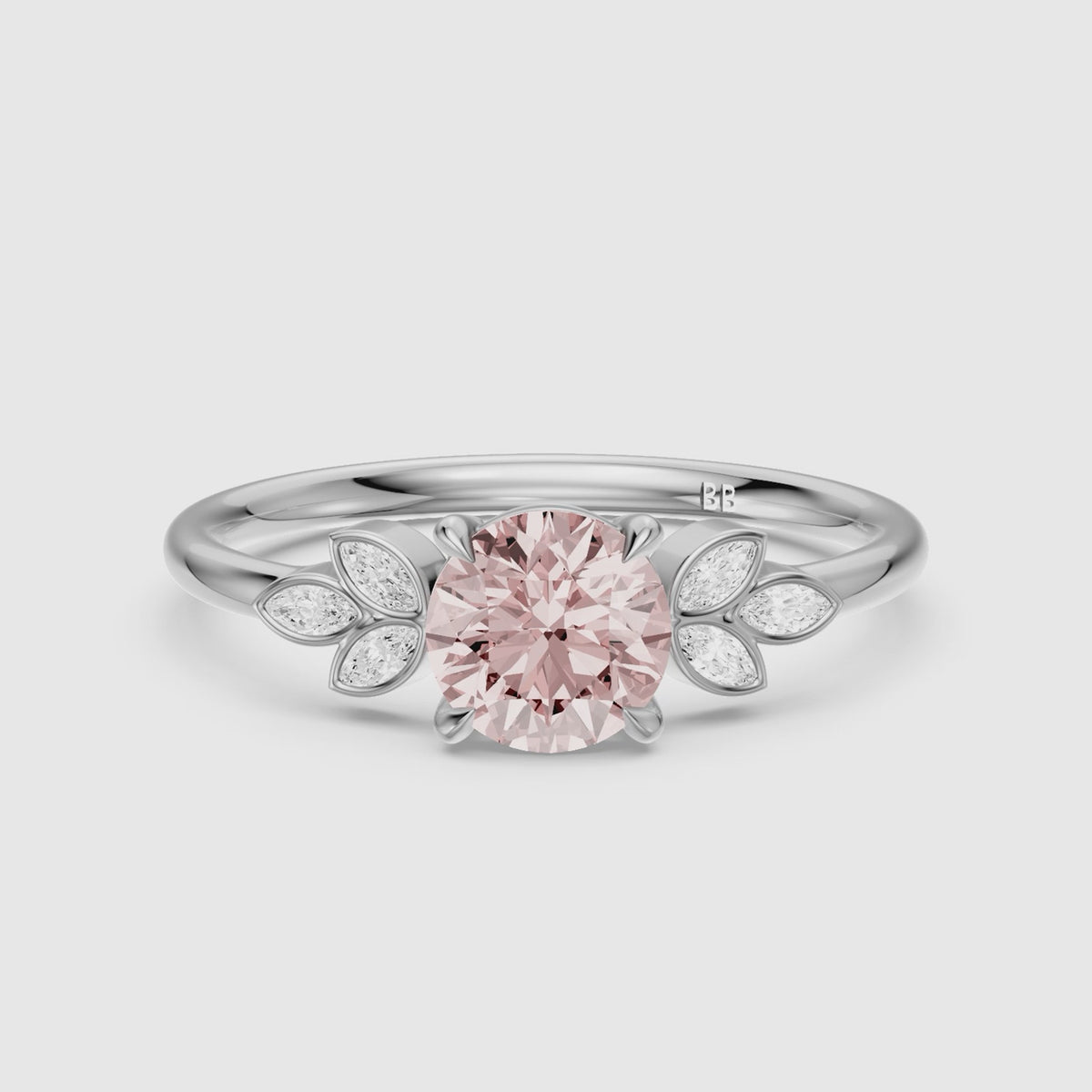 Load video: Ainslie Round Pink Lab Grown Diamond Ring with Floral Marquise Side Stones