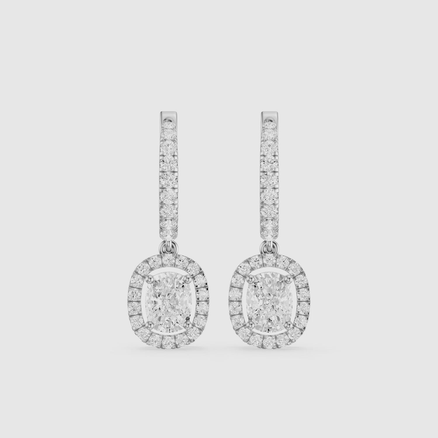 Load video: Fianna Elongated Cushion Cut Lab Grown Diamond Halo Drop Earrings