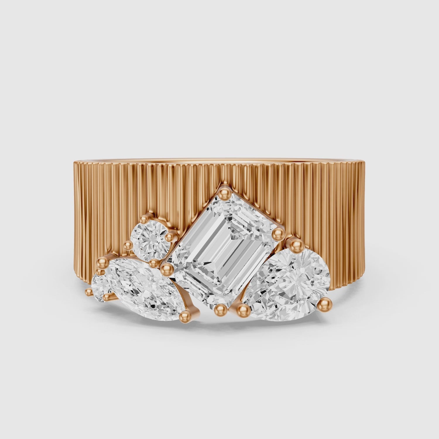 Load video: Berkley Emerald Cut Lab Diamond Mixed Shape Cluster Ribbed Cigar Band