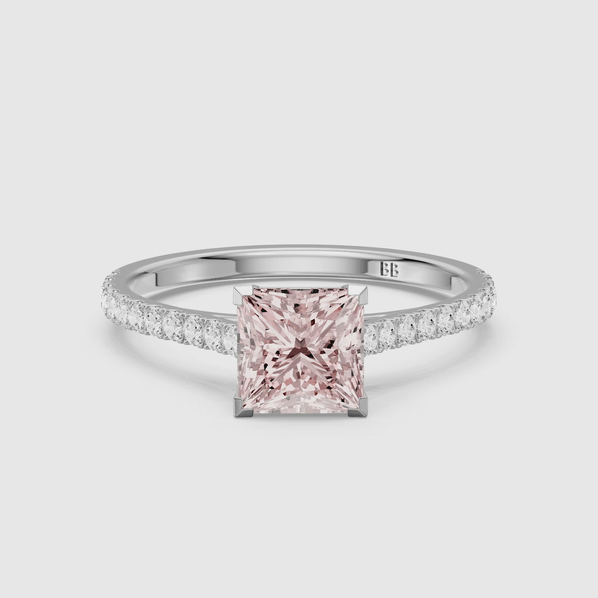 Load video: Ariadne 4 Prong Princess Cut Pave Side Stone Pink Lab Grown Diamond Ring
