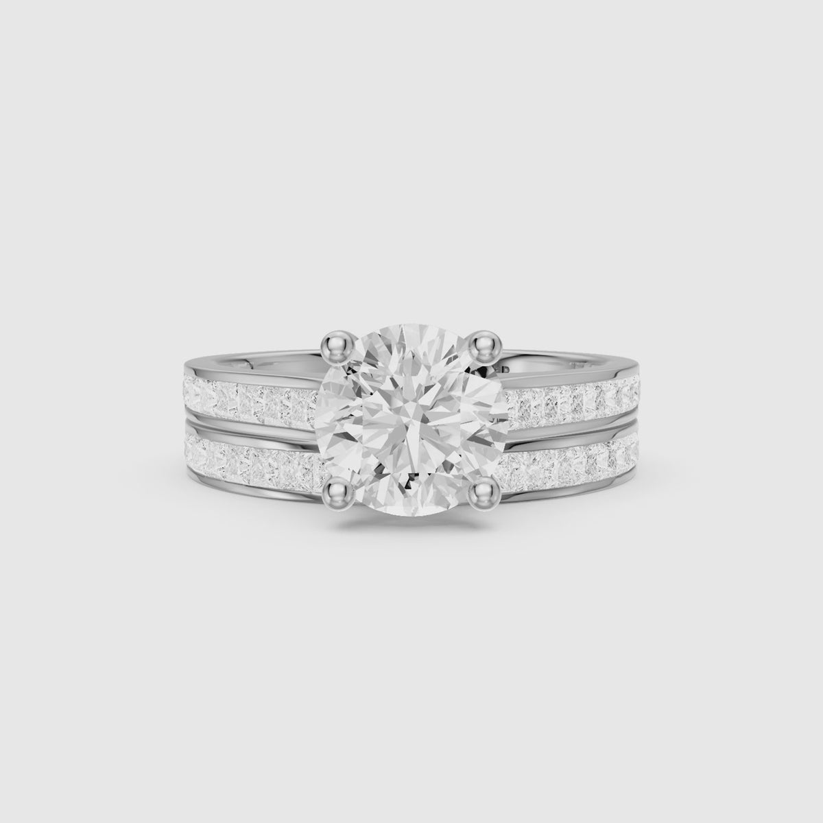 Load video: Clarice Round Lab Grown Diamond Cathedral Channel Bridal Set