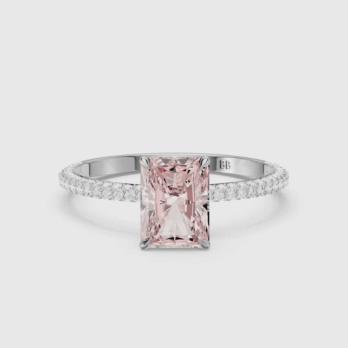 Load video: Haisley Radiant Cut Hidden Halo Pink Lab Grown Diamond Ring with Pave Band