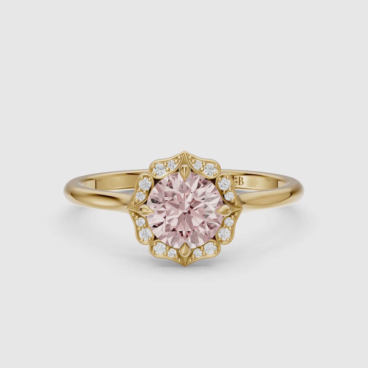Load video: Camille Vintage Inspired Round Cut Halo Pink Lab Grown Diamond Ring