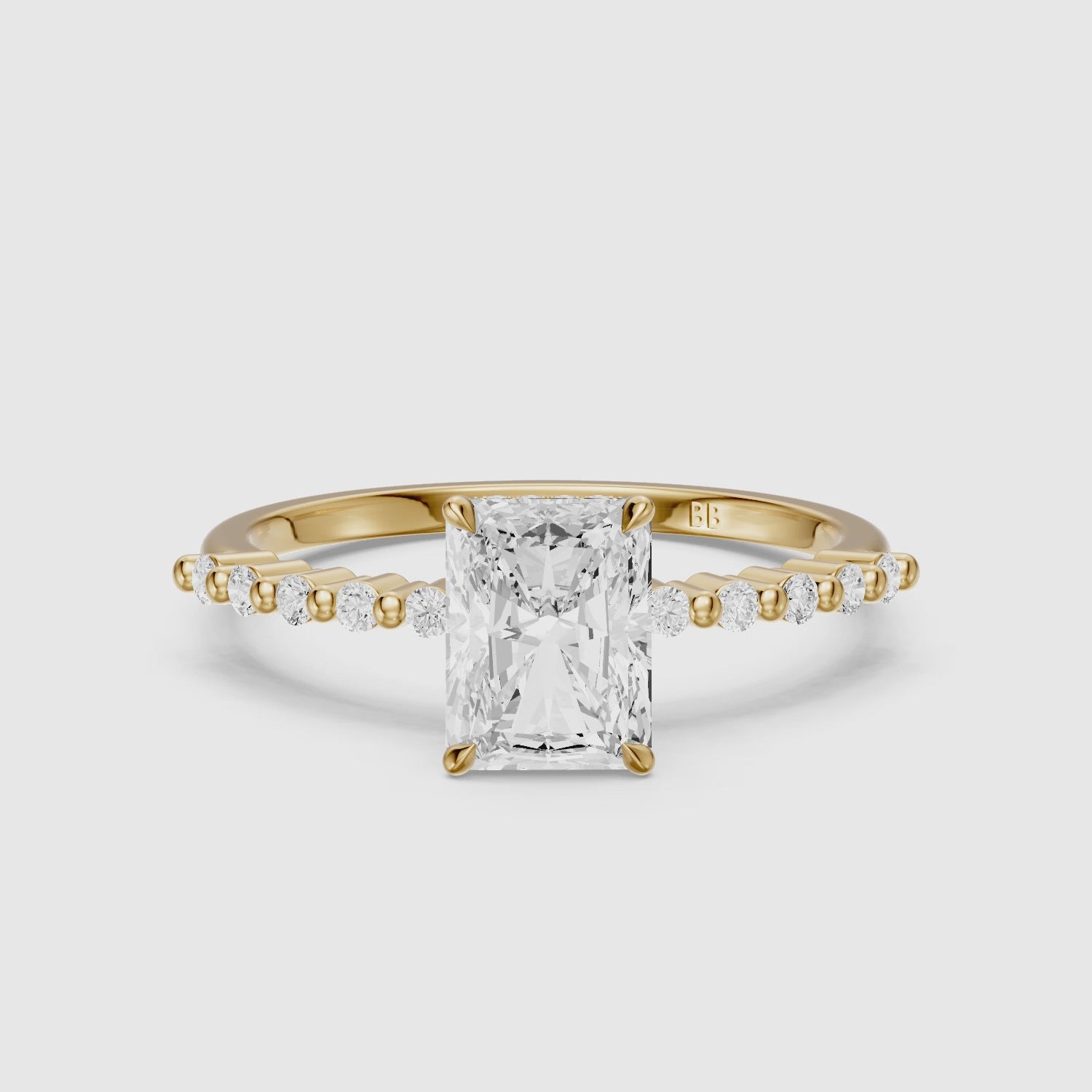 Load video: Felina Radiant Cut Hidden Halo Side Stone Moissanite Diamond Ring