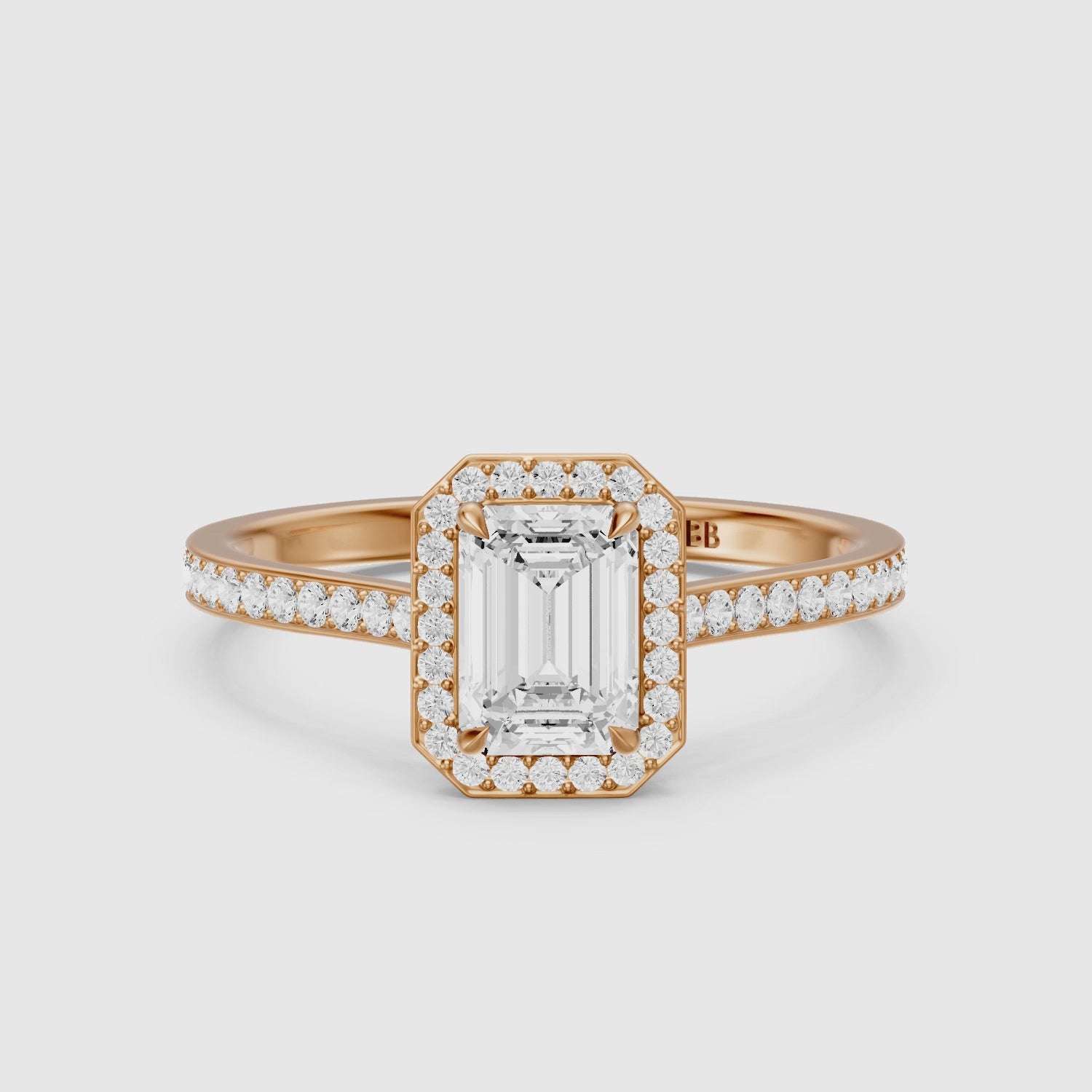 Load video: Isabelle Emerald Cut Halo Low Profile Side Stone Lab Grown Diamond Ring