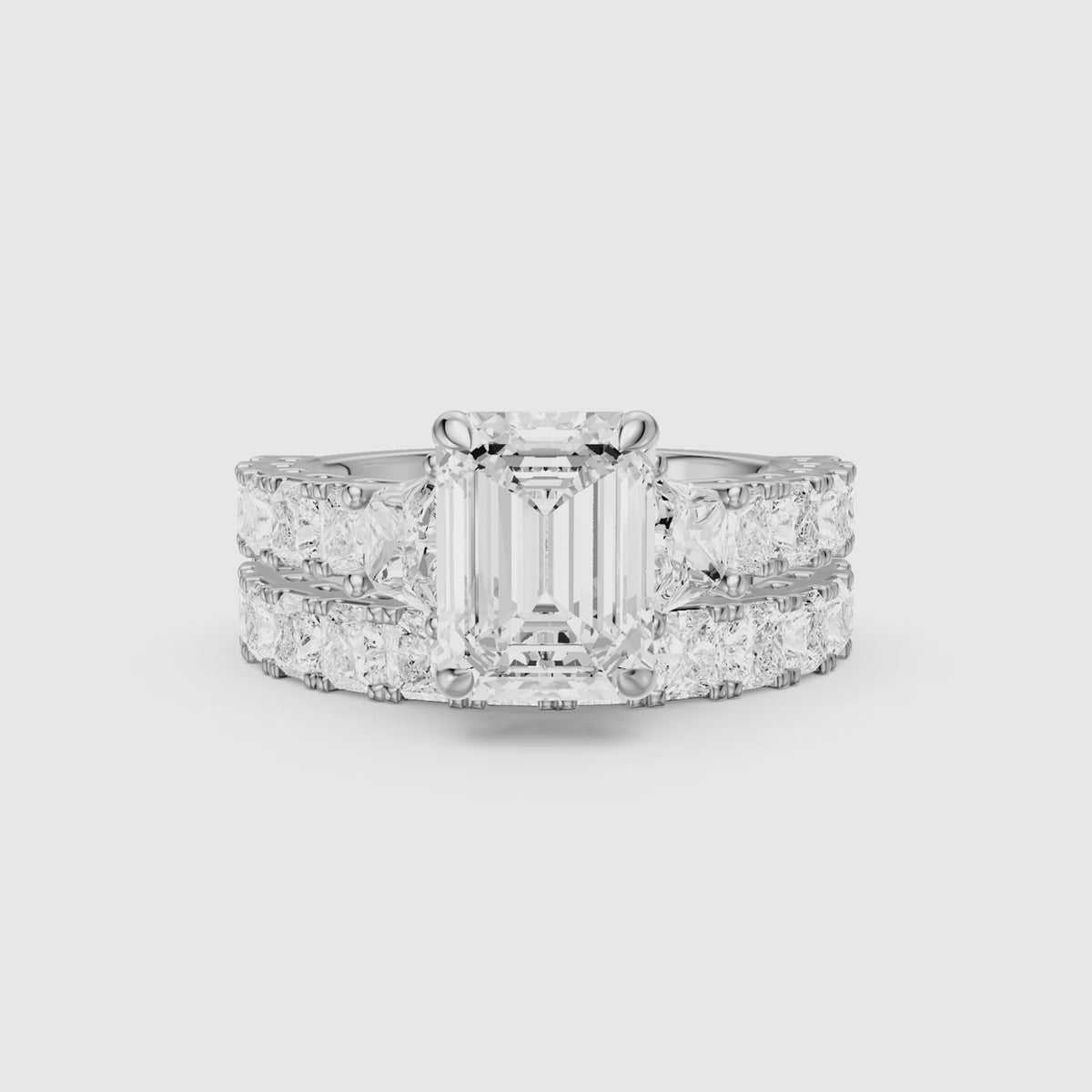 Load video: Romilly Emerald Cut Lab Grown Diamond Wide Princess Cut Bridal Set