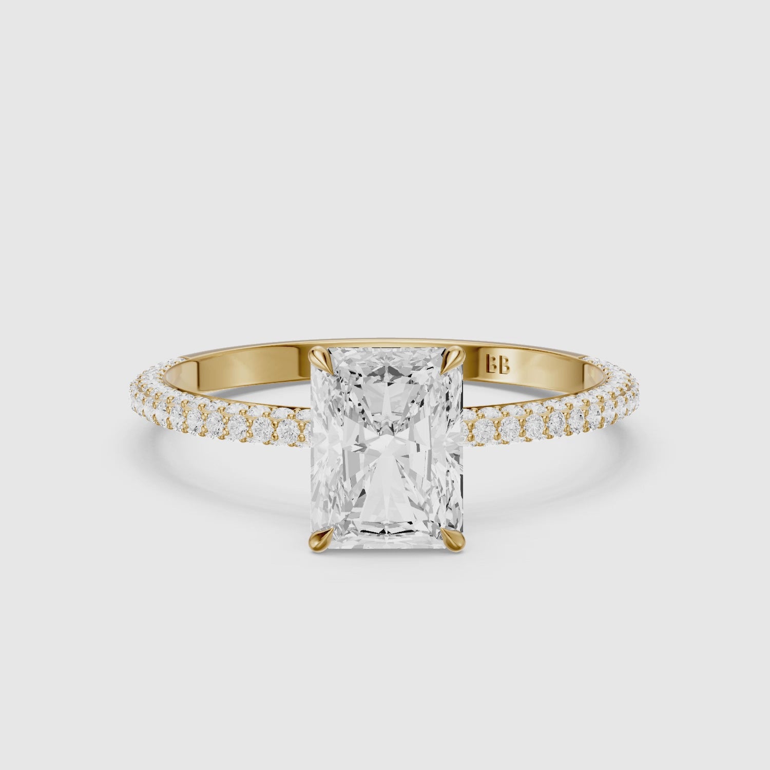 Load video: Selah Radiant Cut Hidden Halo Lab Grown Diamond Ring with Pave Band