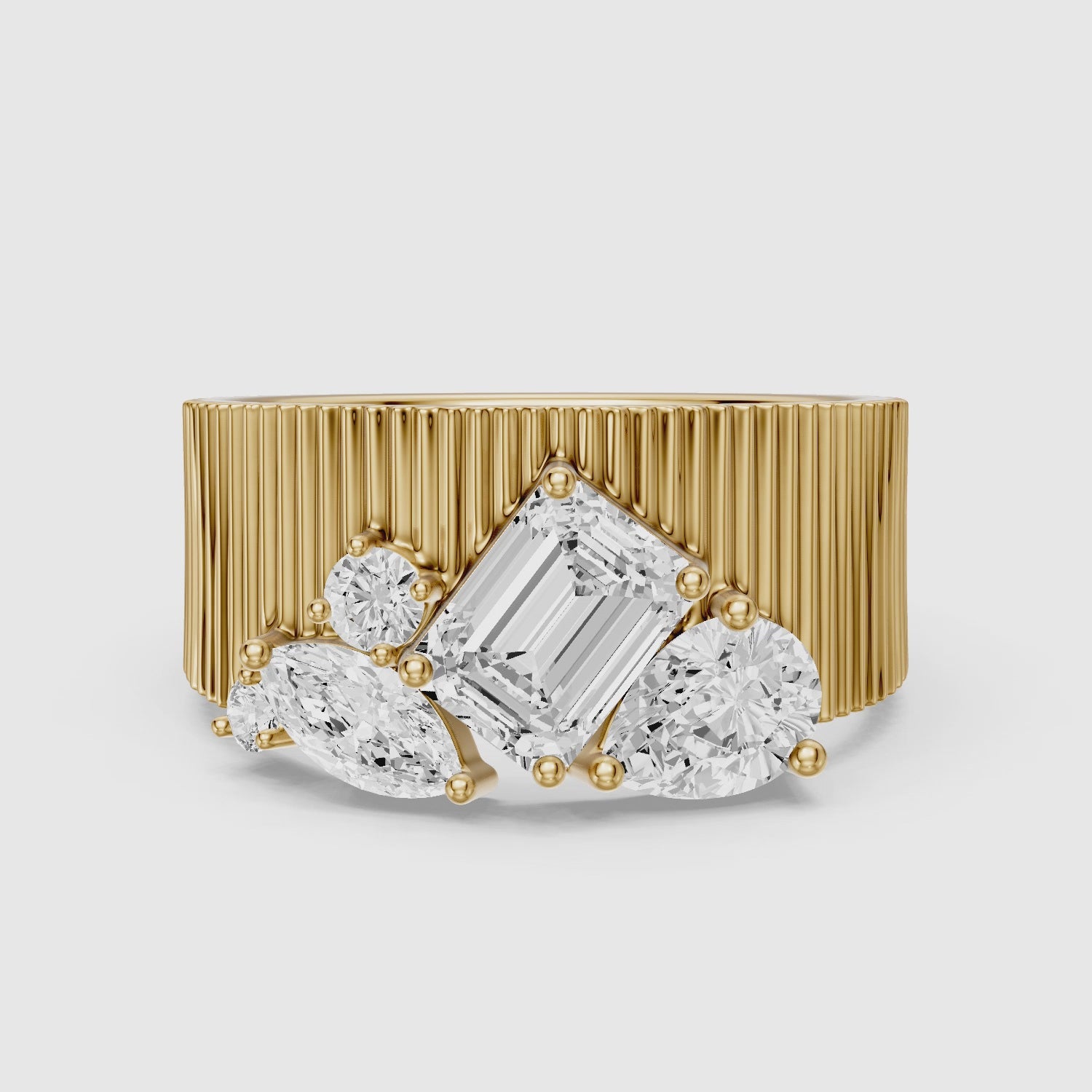 Load video: Berkley Emerald Cut Lab Diamond Mixed Shape Cluster Ribbed Cigar Band