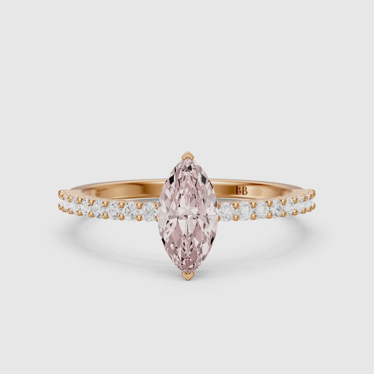 Load video: Raven V Prong Marquise Pink Lab Grown Diamond Hidden Halo Pavé Ring