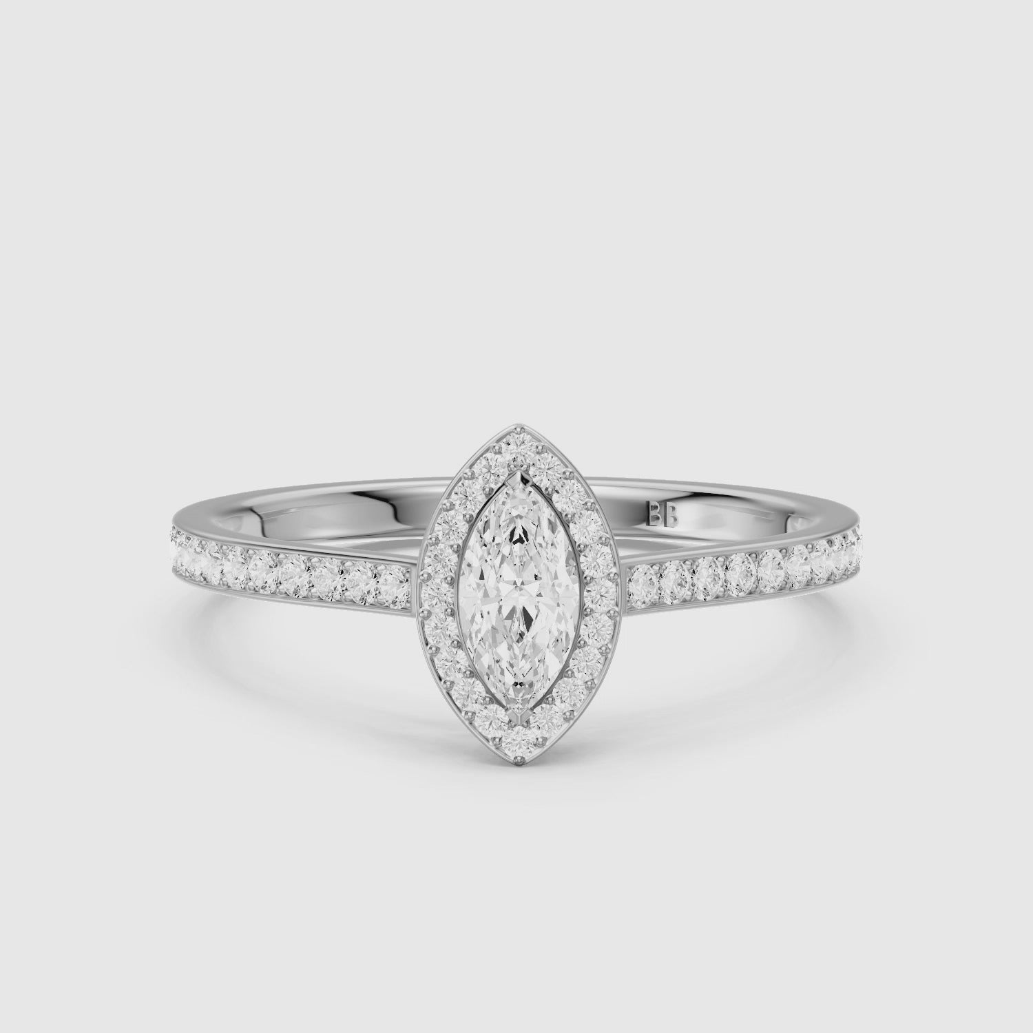 Load video: Skylar Marquise Cut Halo Low Profile Side Stone Lab Grown Diamond Ring