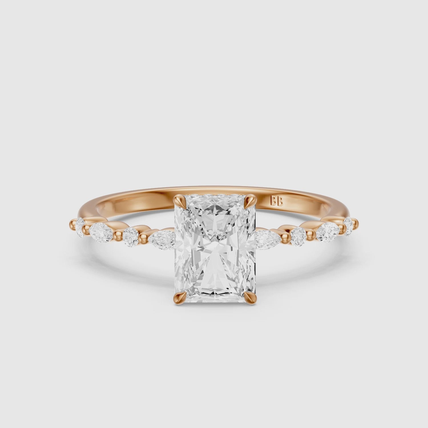 Load video: Emelyn Radiant Cut Hidden Halo Side Stone Moissanite Diamond Ring
